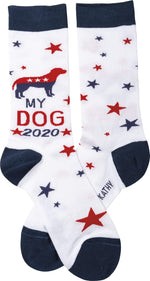 Primitives by Kathy patriotic dog graphic socks close up texture