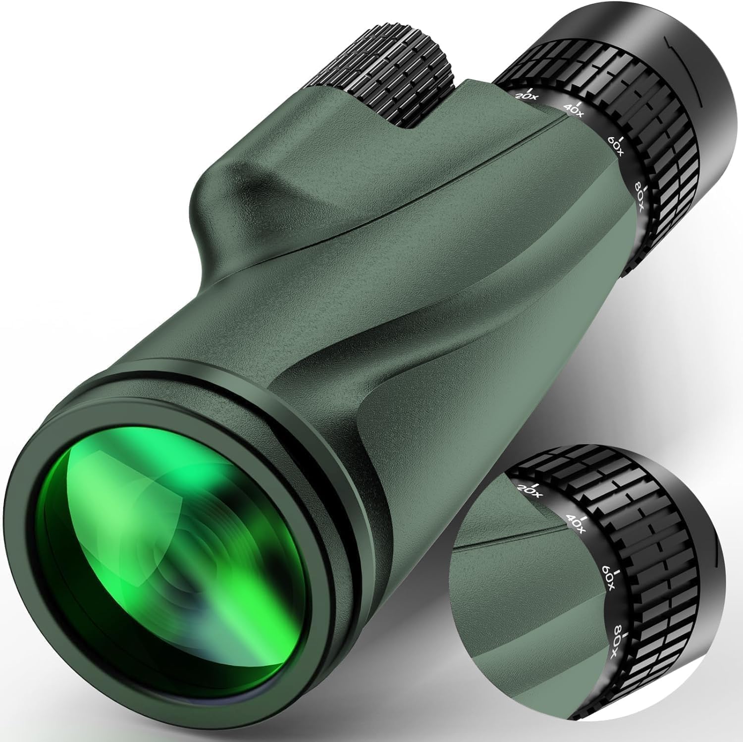 KTBDING high powered monocular telescope front view showing the green non slip rubber armor body