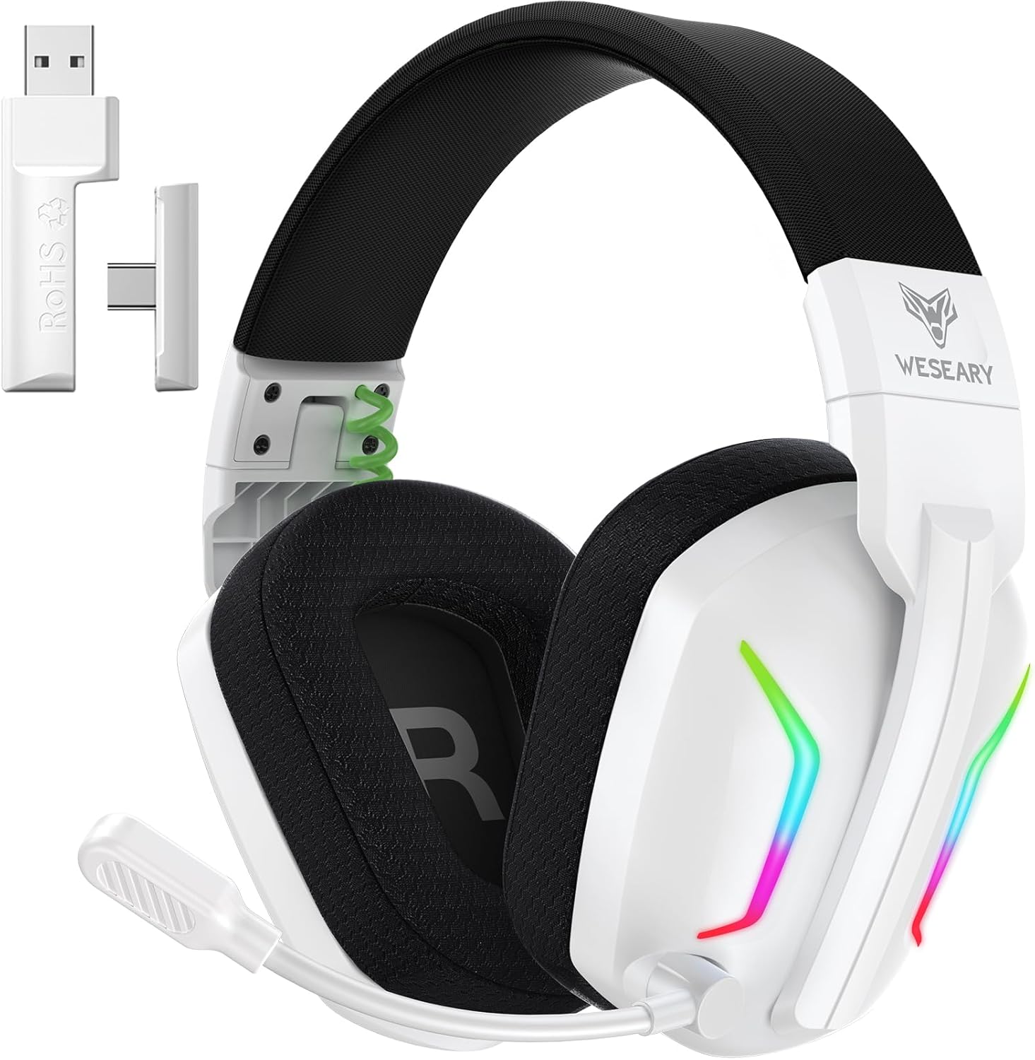 Weseary WG1 wireless gaming headset white front view showcasing the over ear design and headband cushion.