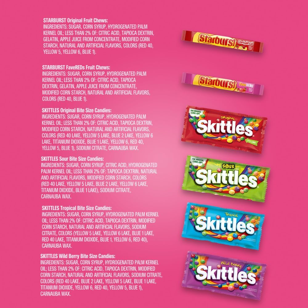 Close up of the opening tab on the Skittles Starburst variety mix box packaging