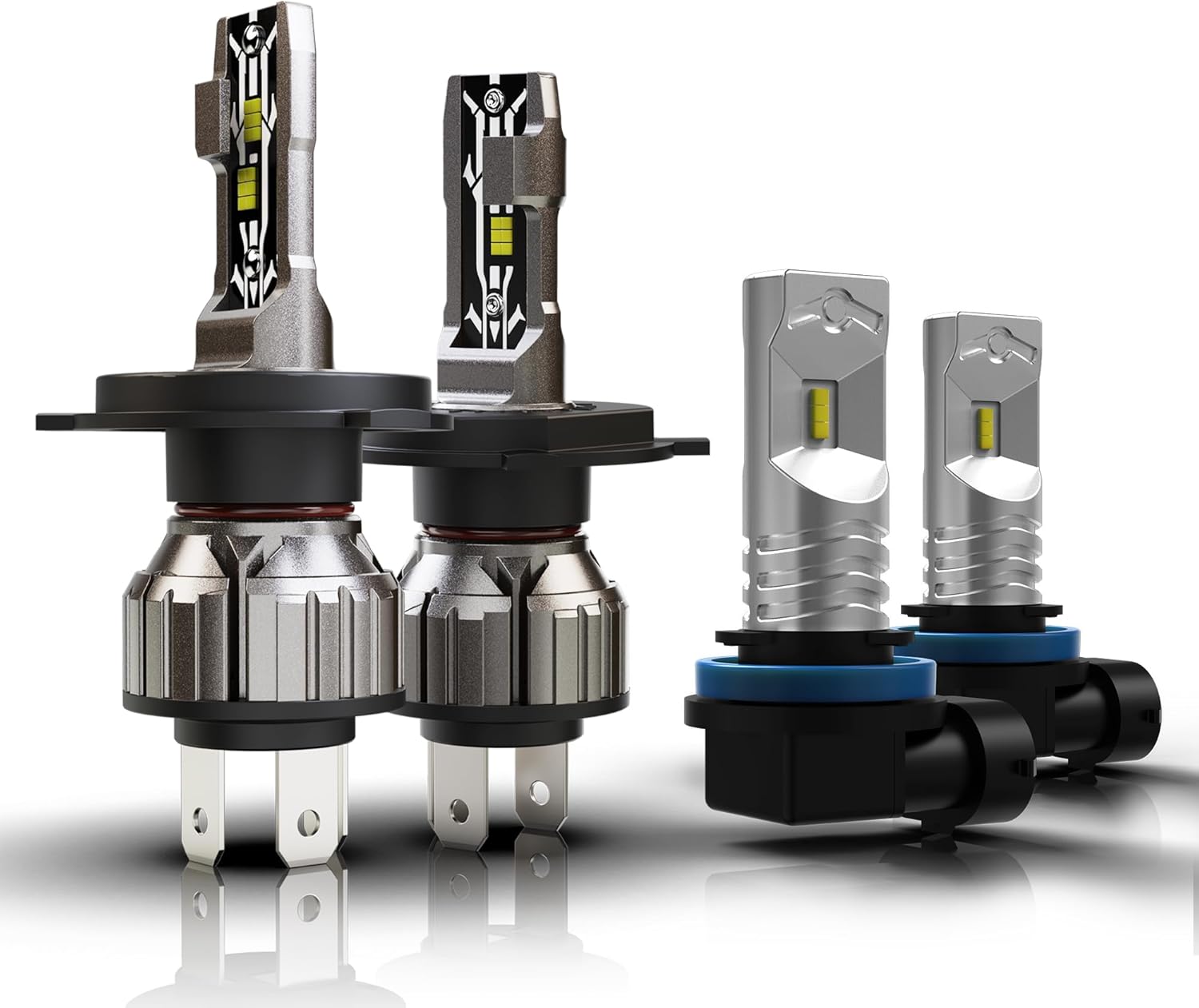 RAMHORN LED headlight and fog light bulbs pack of 4 front view showing aviation aluminum body.