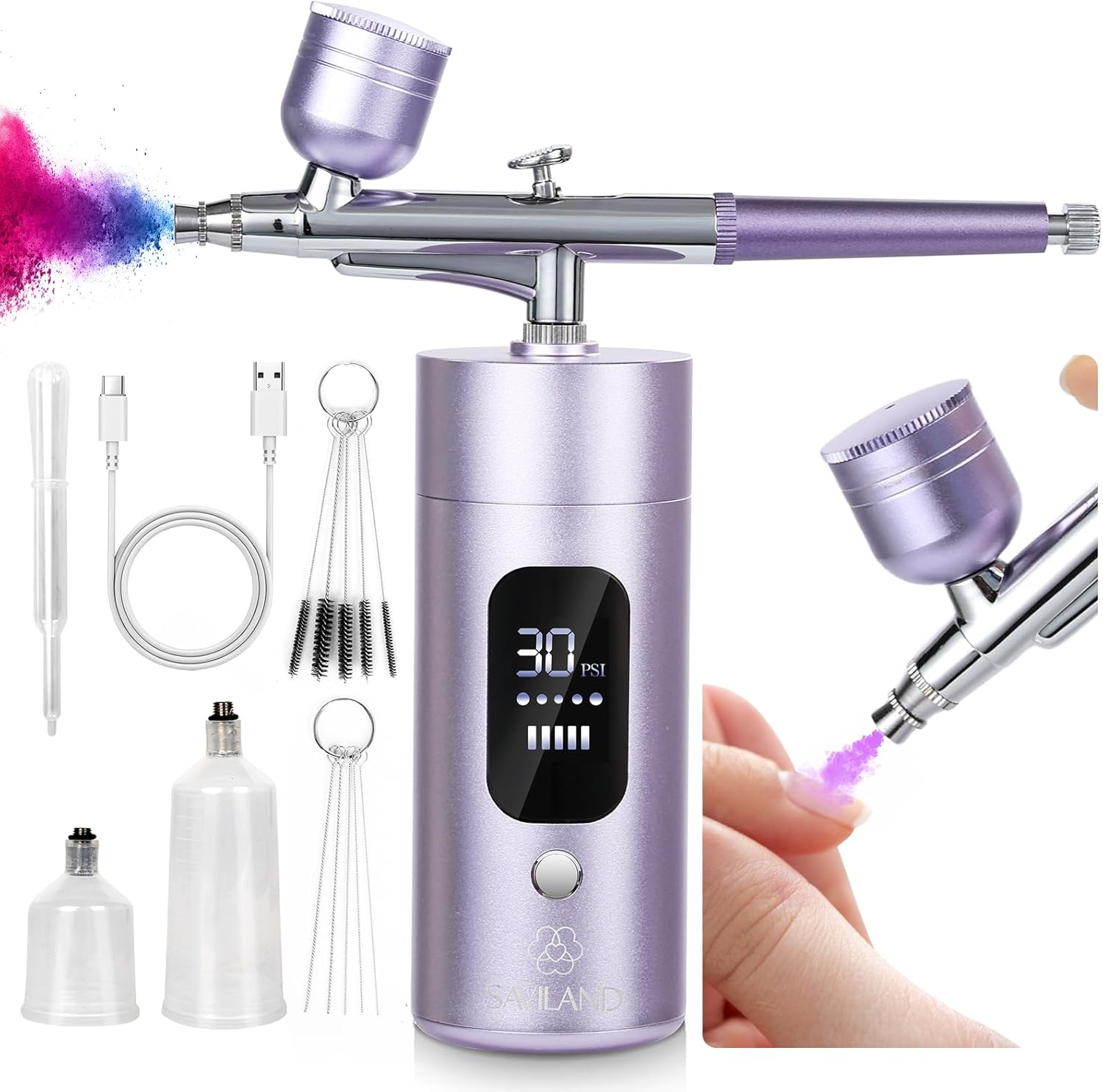 Saviland cordless airbrush kit for nails front view showcasing the black compressor and LCD screen.