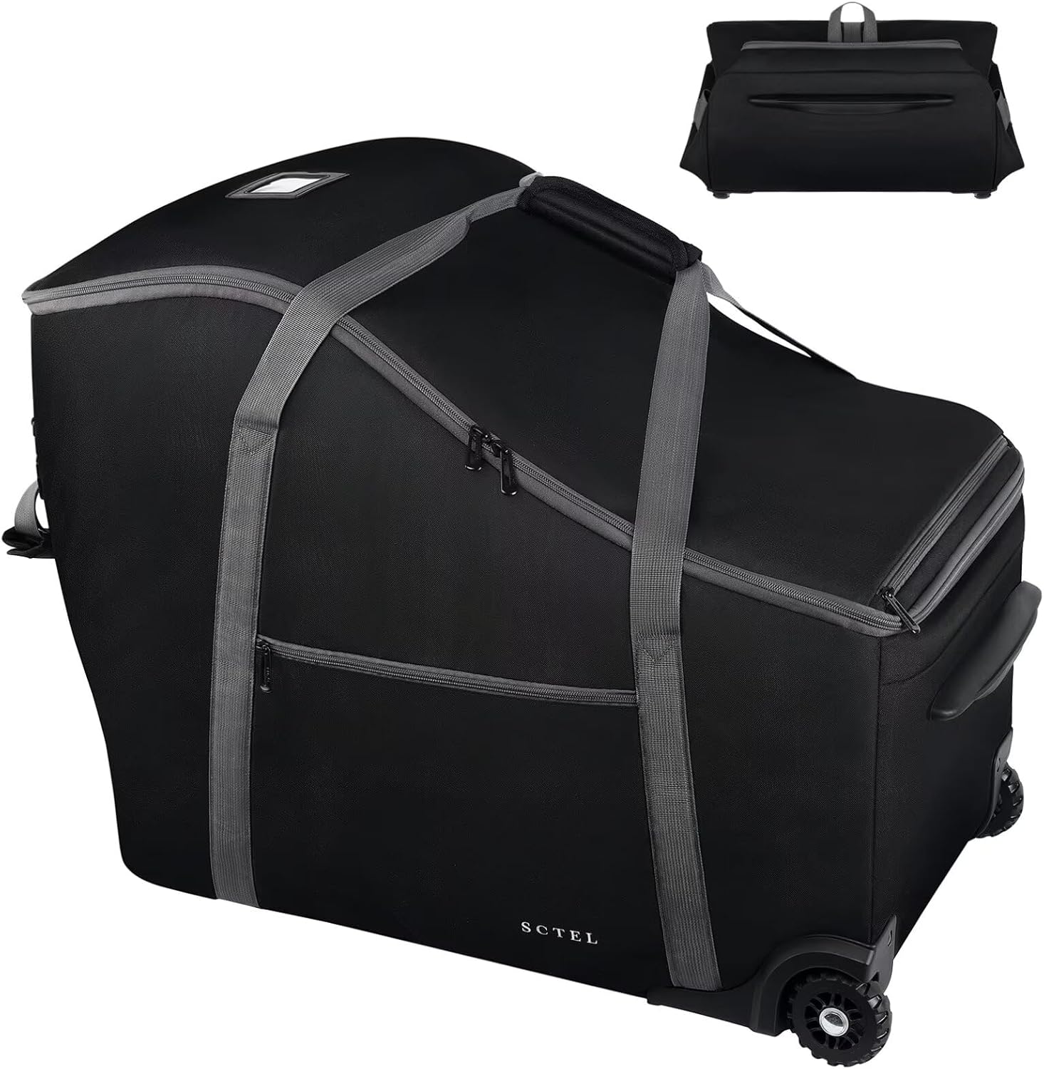 SCTEL infant car seat travel bag front view showing premium black padded fabric and secure dual zipper closure.