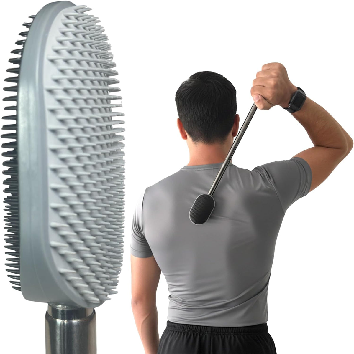 The Body Scratcher ultimate extendable back scratcher front view showing the dual sided head and stainless steel handle