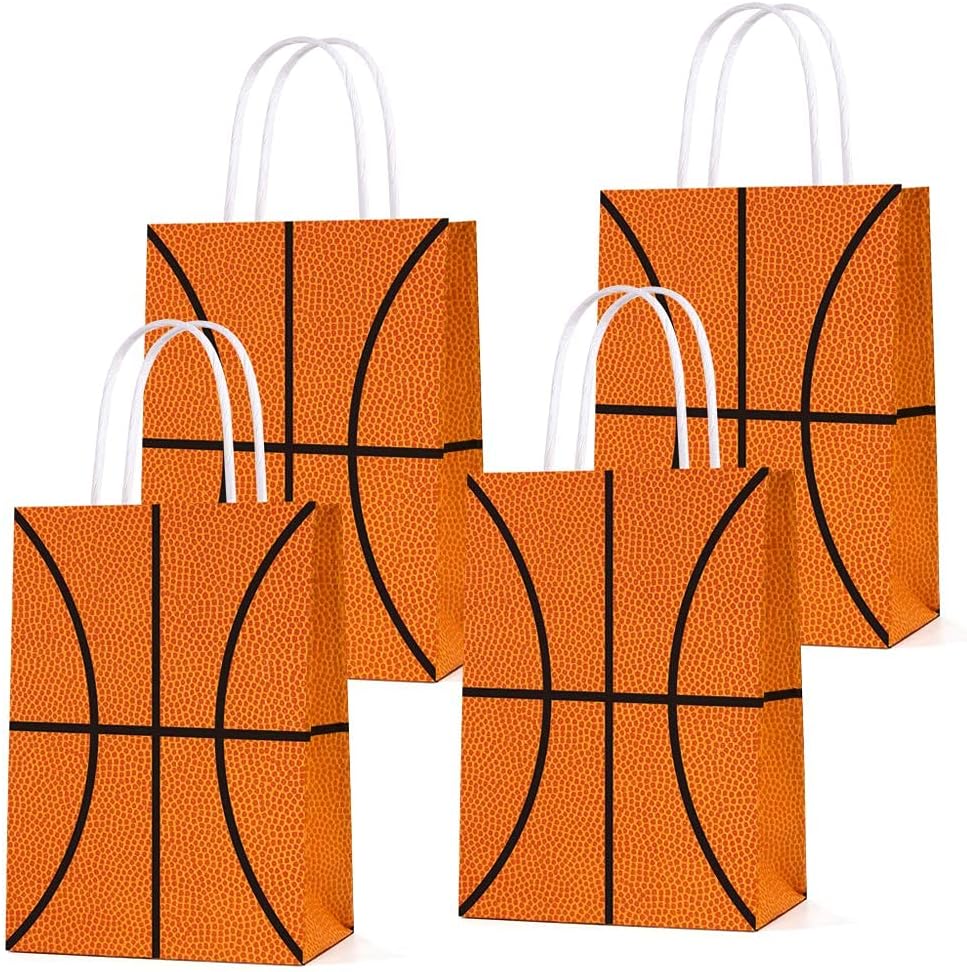 BCHOCKS basketball party gift bags front view showcasing the vibrant orange and black basketball pattern design.