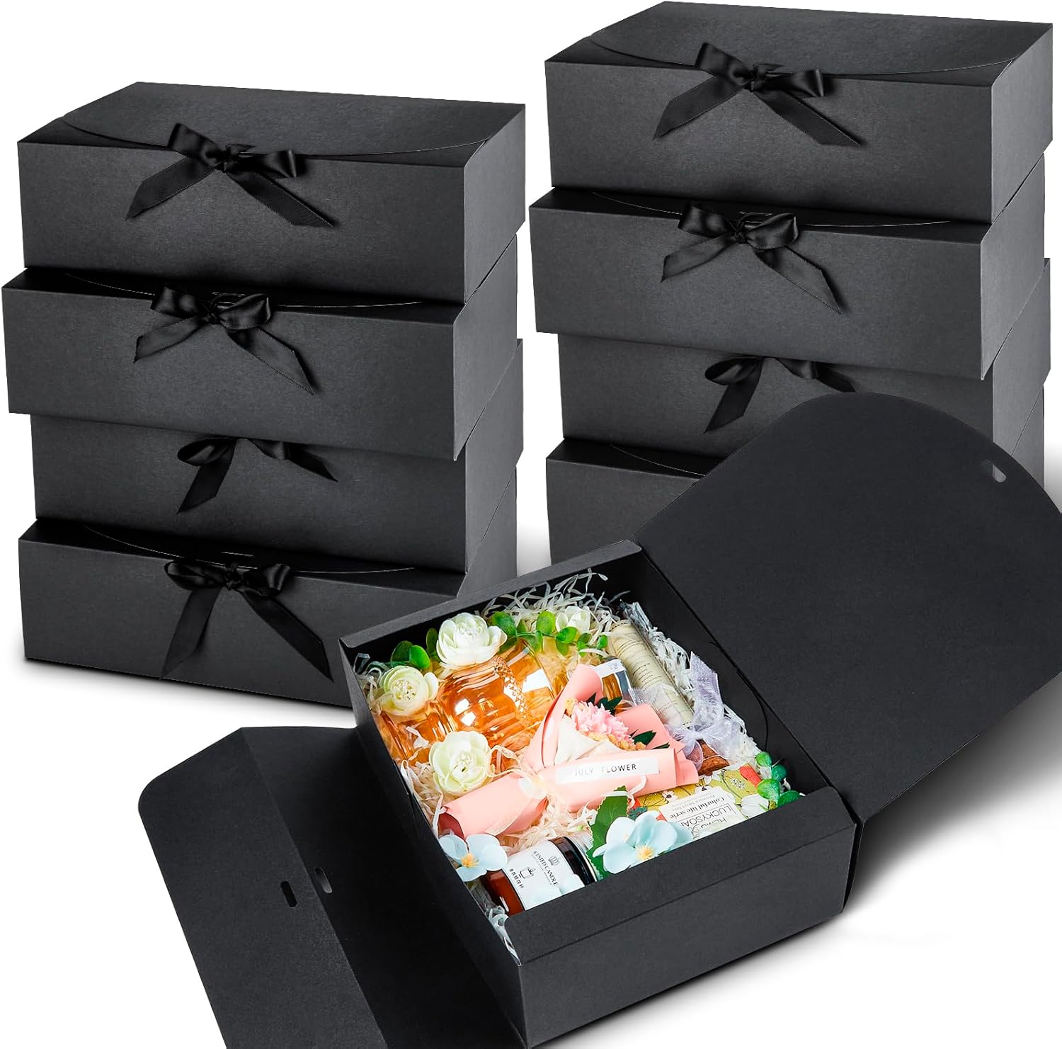 Kucoele black gift boxes front view showcasing premium packaging setup.