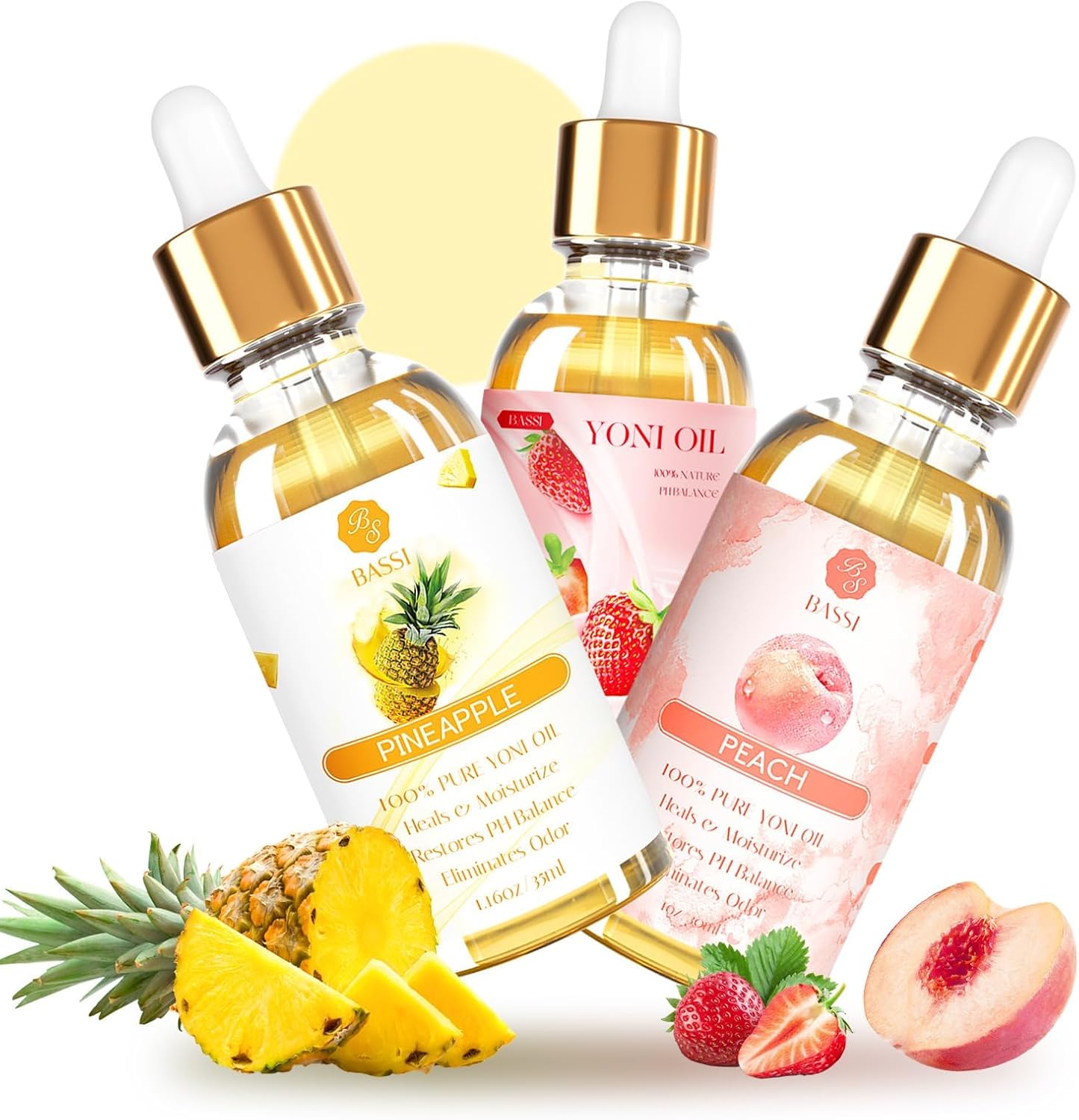 3 Packs Yoni Oil for Women - Feminine Care Oil - All Natural Vaginal Essential Oils, Reduces Odor, Restores pH Balance and Wetness, 1 fl oz/pc Strawberry Pineapple Peach Scent - Image 1