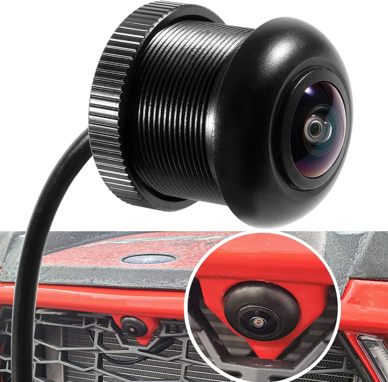 ZZ-Auto RZR PRO XP Front Camera Kit showing the waterproof camera lens and plug and play wiring harness.