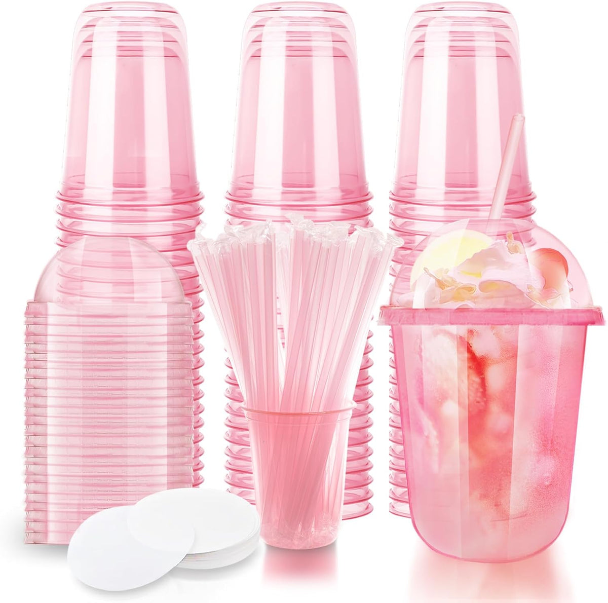 Xuelimei 16 fluid ounce pink stemless glasses front view with lid and straw