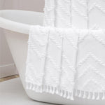 OWENIE Boho Fabric Shower Curtain front view hanging elegantly in a modern minimalist bathroom