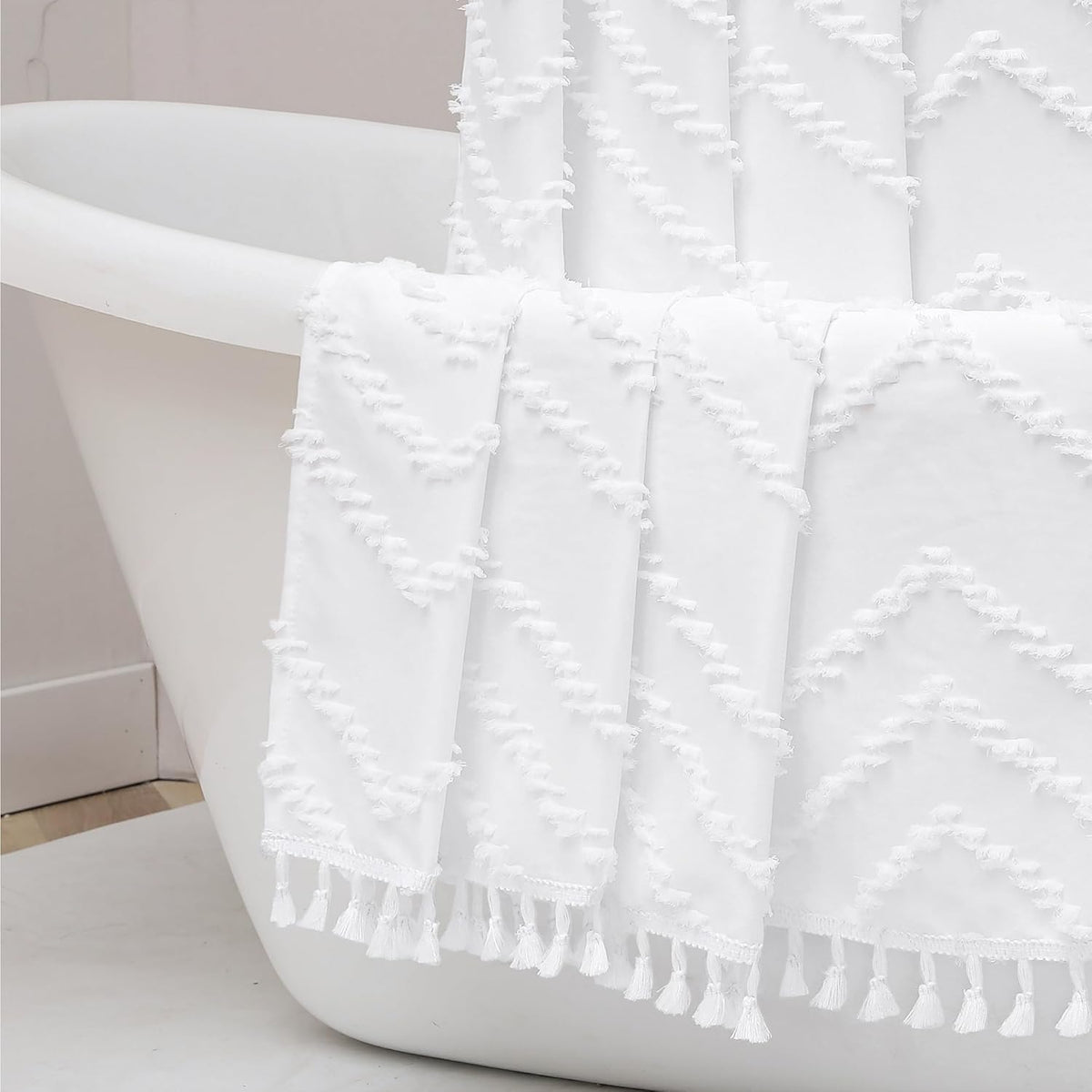 OWENIE Boho Fabric Shower Curtain front view hanging elegantly in a modern minimalist bathroom