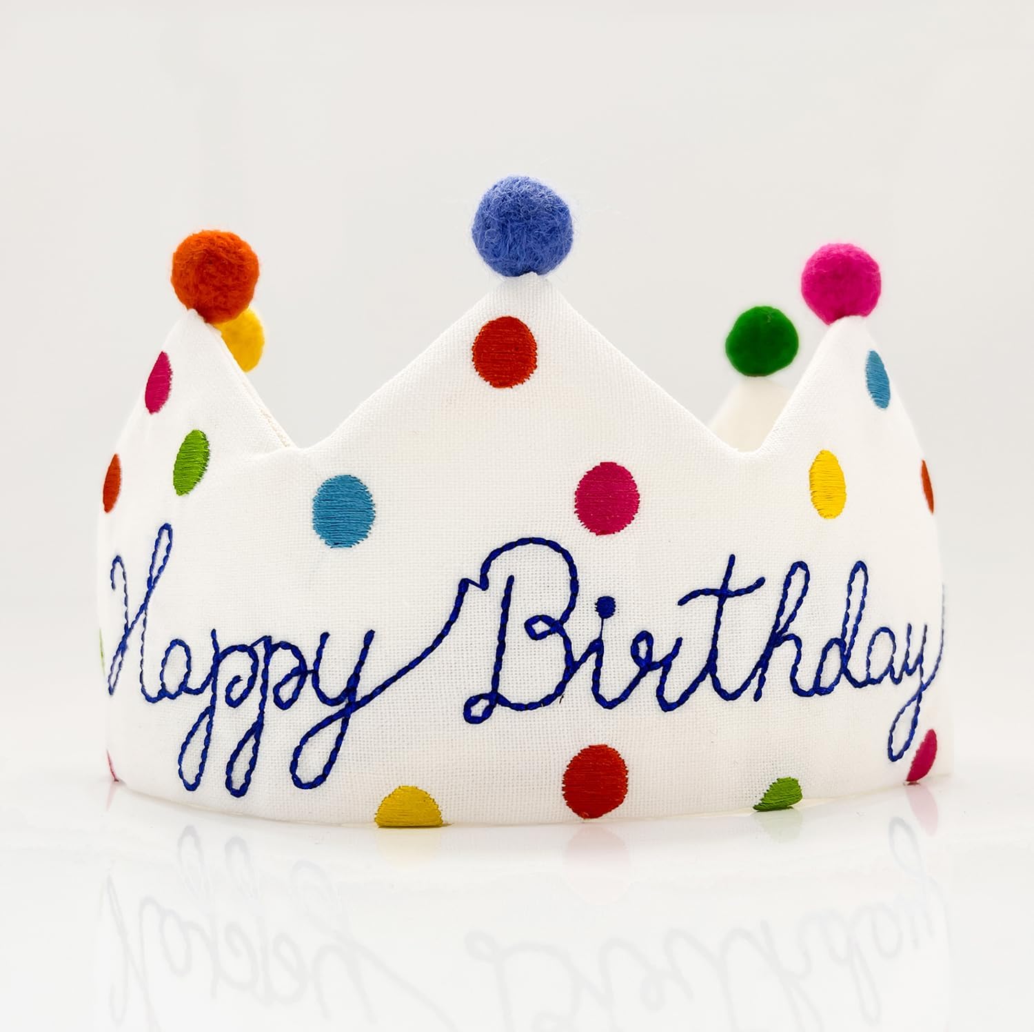 Meygajoe personalized hand embroidered birthday crown hat front view featuring colorful dots and pom-poms.