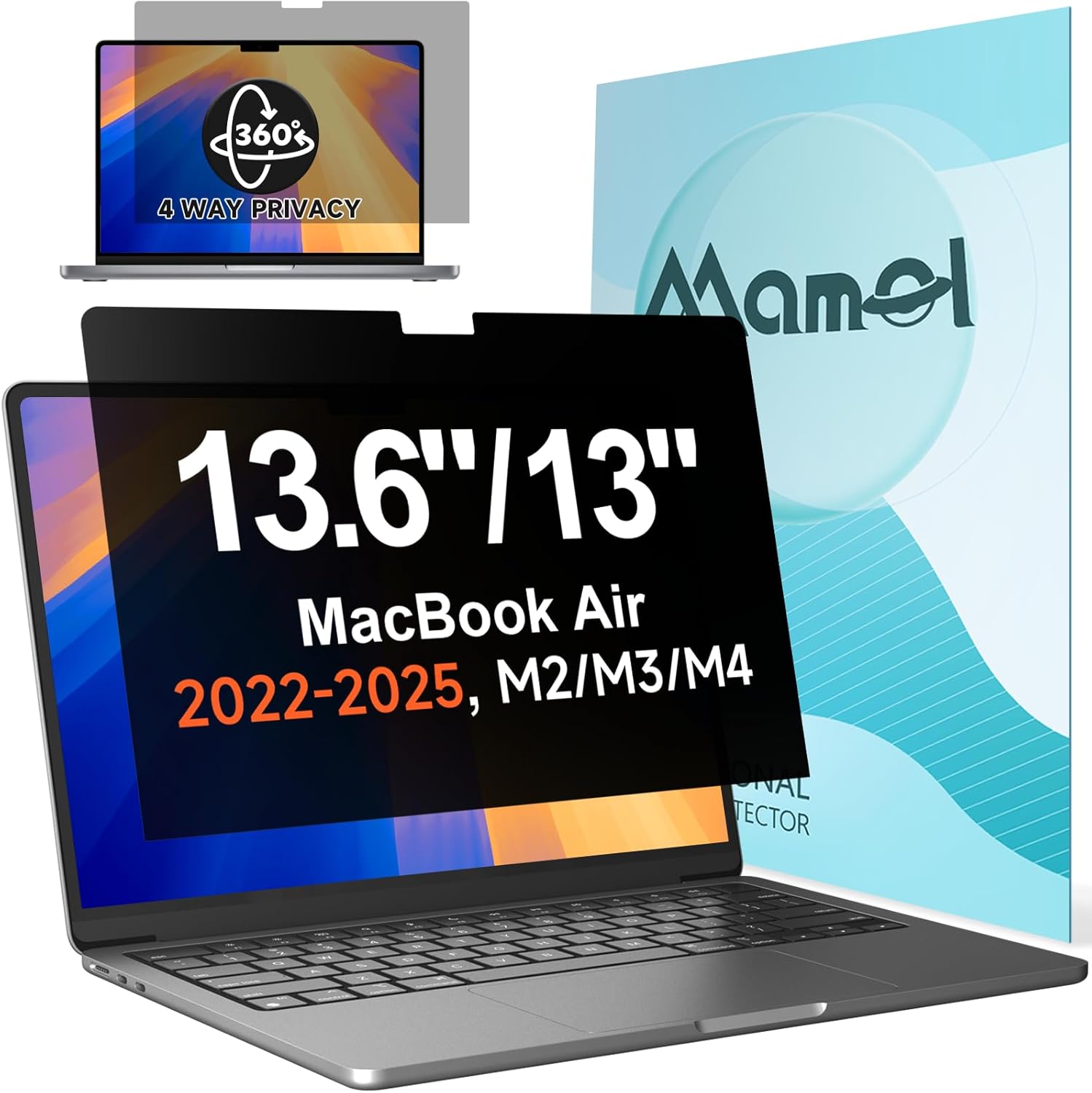 Mamol privacy screen for MacBook Air 13 front view showing anti spy black out effect