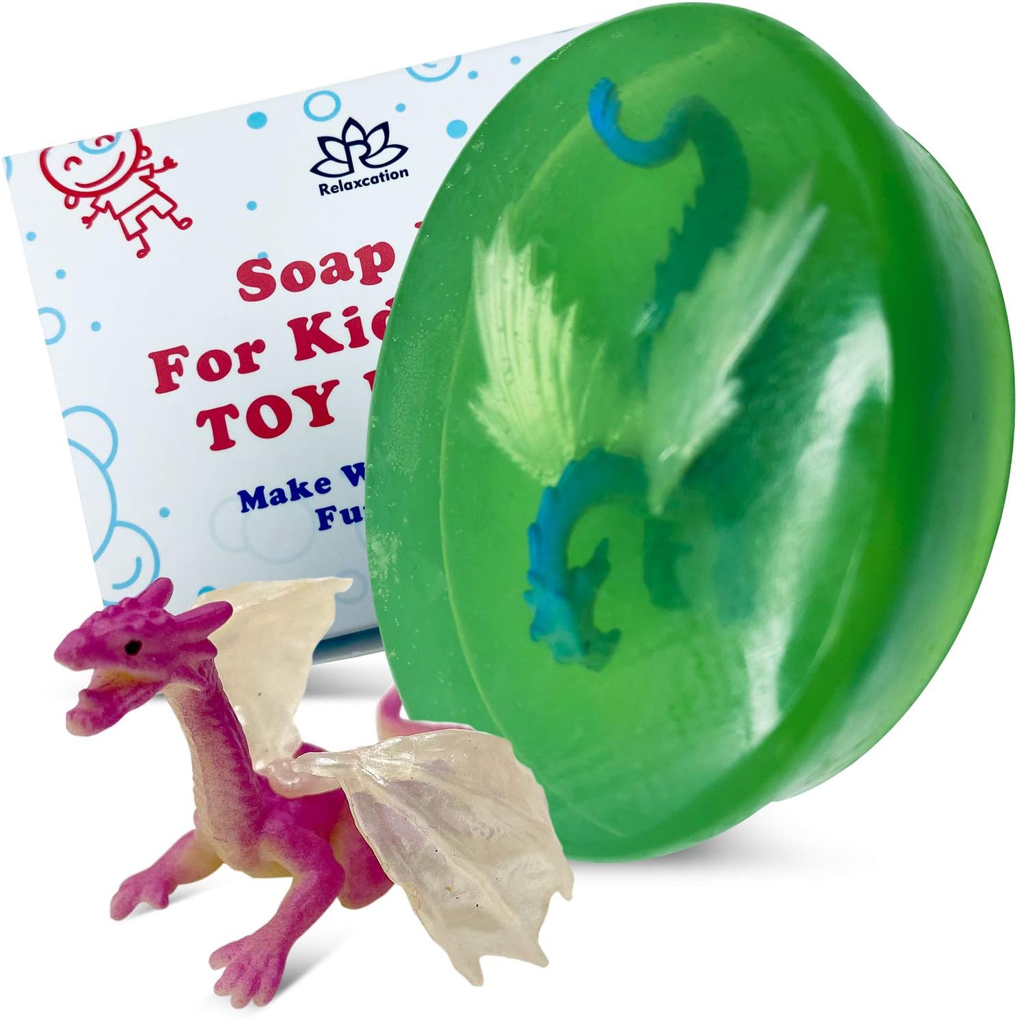 Relaxcation kids soap bar with dragon toy surprise front view