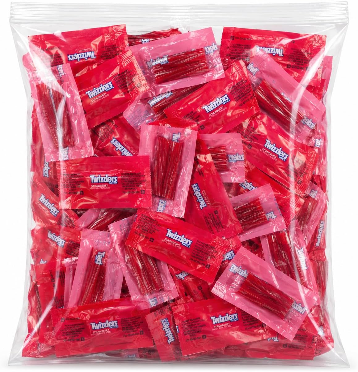 Yummy Chew Twizlers Strawberry Licorice Candy one pound bulk bag front view showing individually wrapped red twists