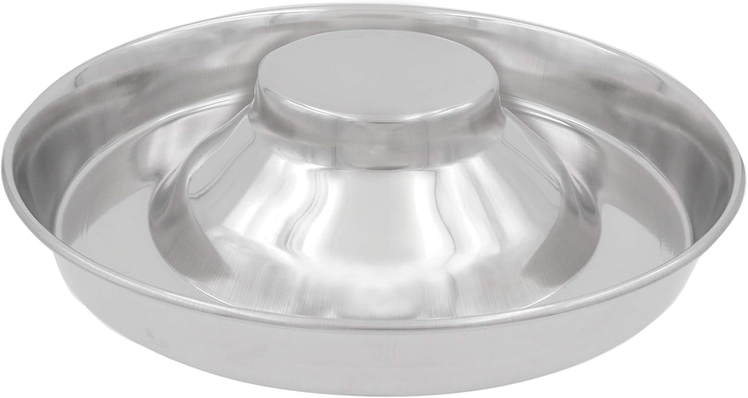 Fuzzy Puppy feeding bowl front view showing stainless steel saucer design.