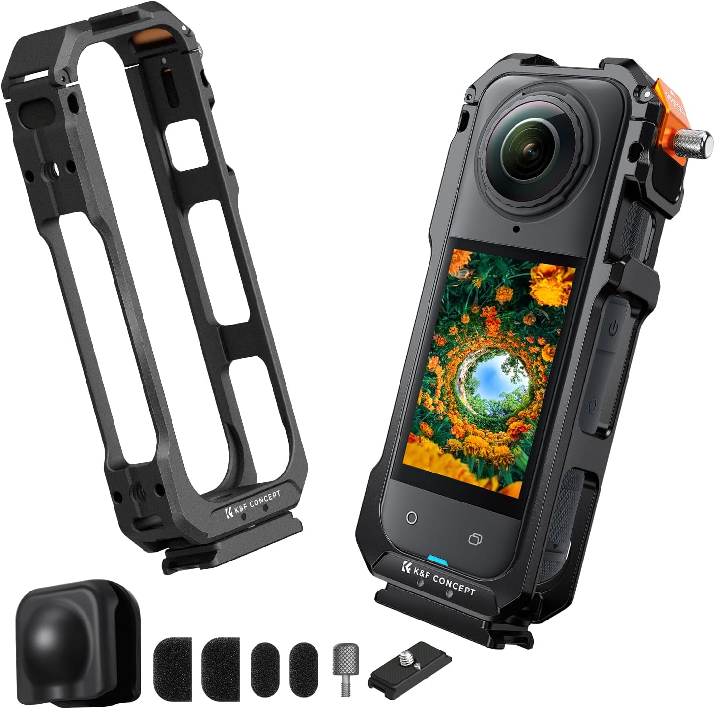 K&F Concept aluminum camera cage for Insta360 X5 front view