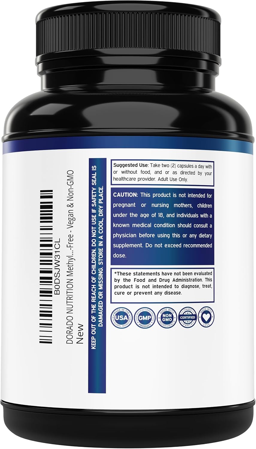 Close up of 120 capsules bottle for MTHFR support