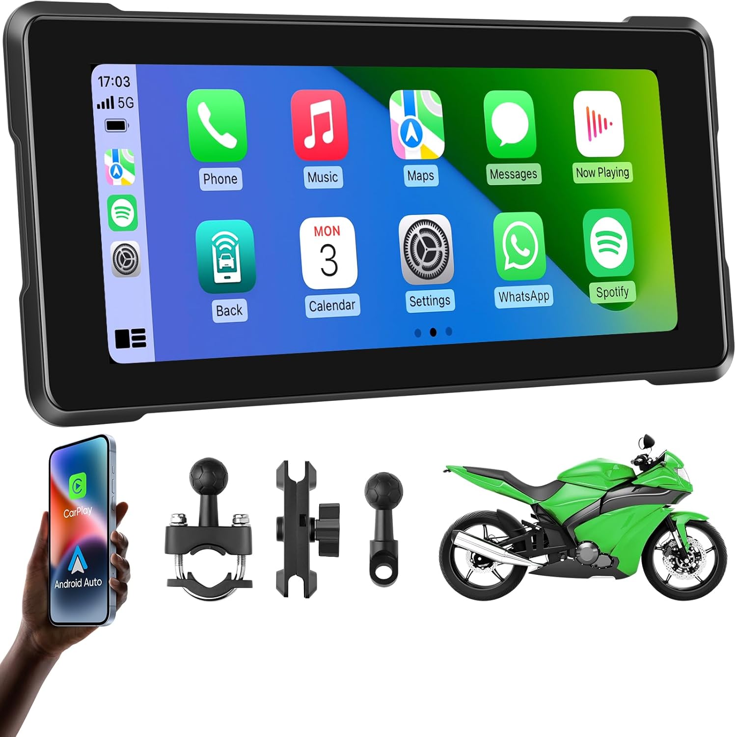 GTRUI wireless motorcycle carplay navigation system front view mounted on handlebars