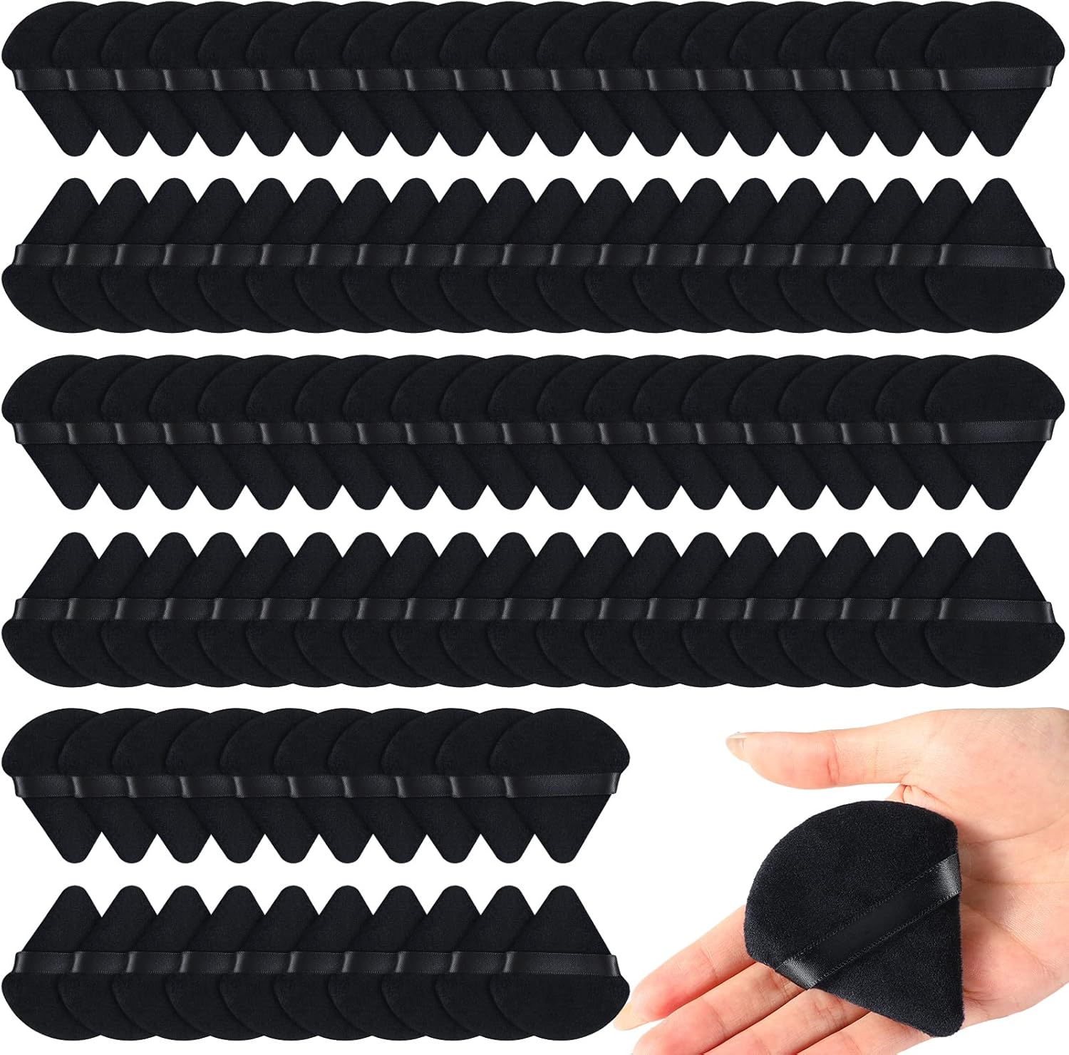 Meanplan Triangle Powder Puff 100 piece pack front view showcasing the soft black velour texture and precise triangular shape.