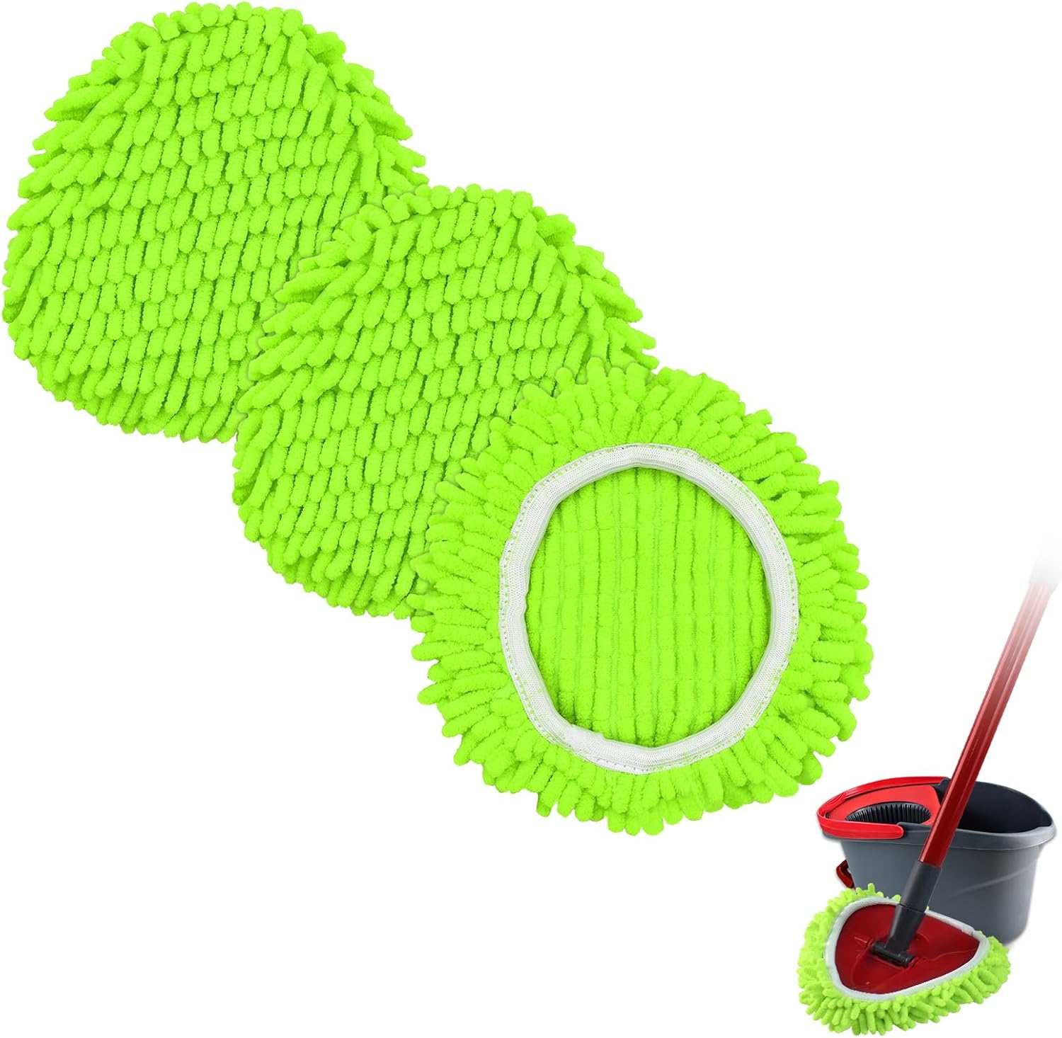 Yuunaie spin mop heads replacements three pack front view showing green microfiber chenille texture