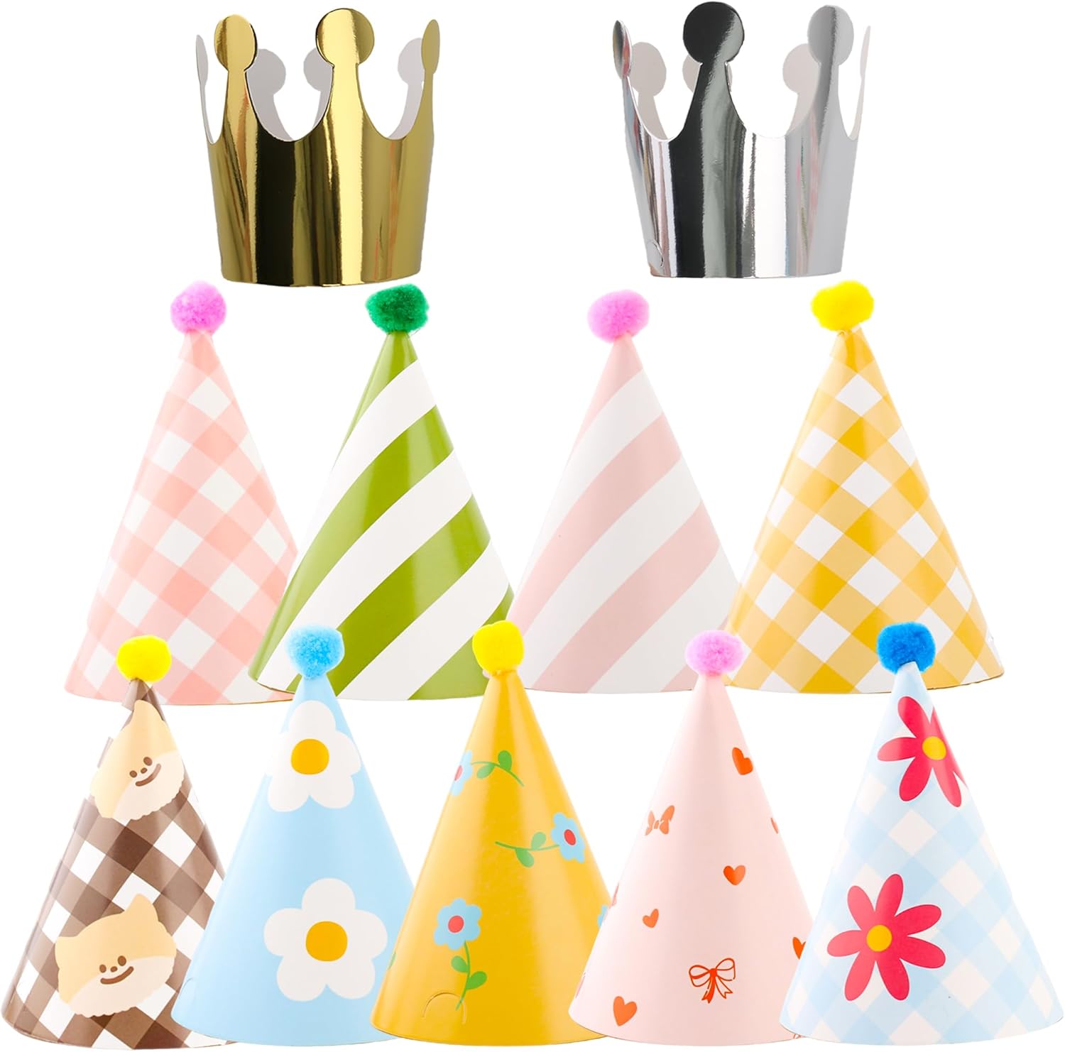 Olen Birthday Party Hats for Kids 11 Pack front view showing assorted patterned paper cones and metallic crowns