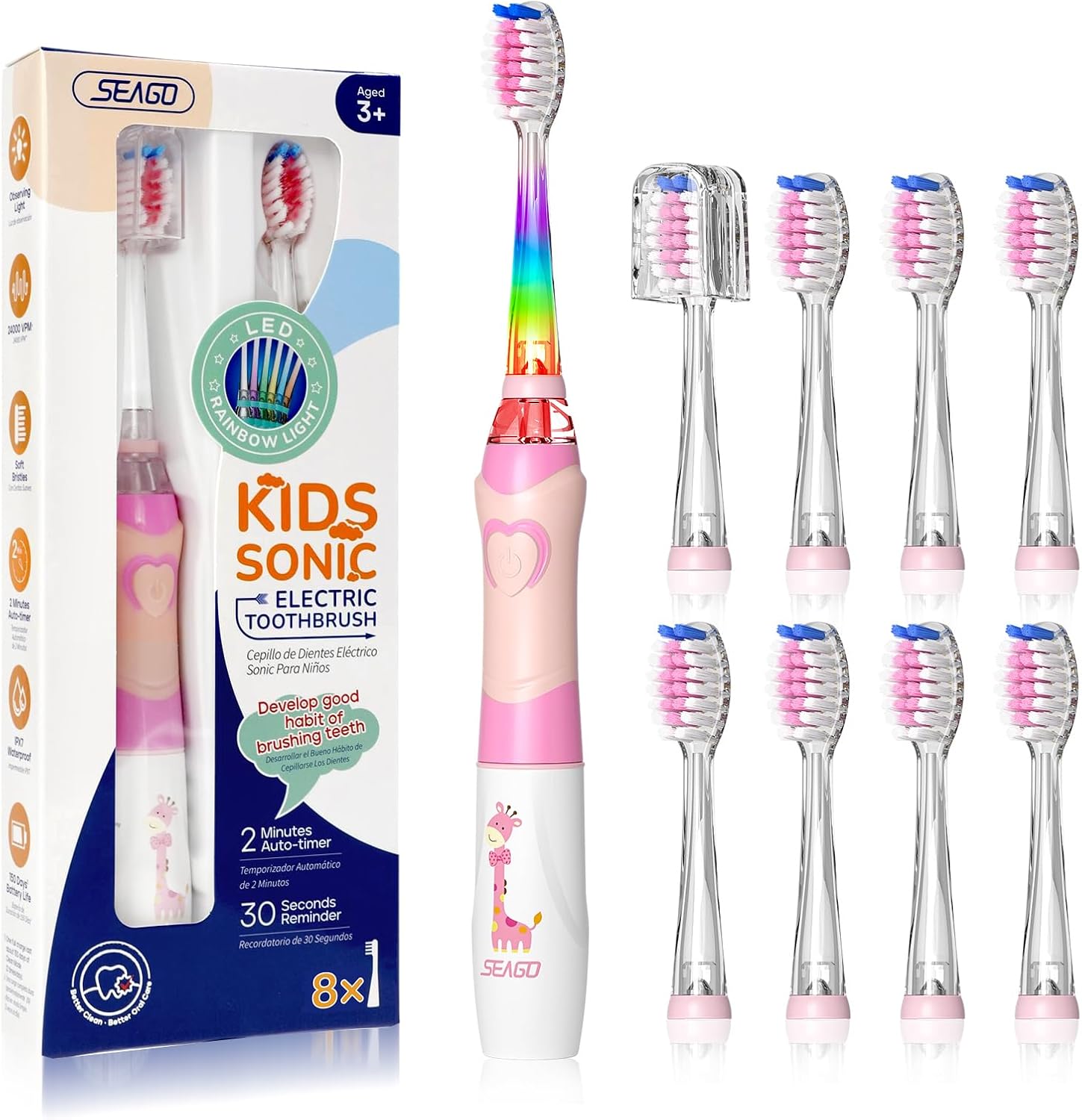 SEAGO Kids Electric Toothbrush front view pink giraffe design with rainbow LED light