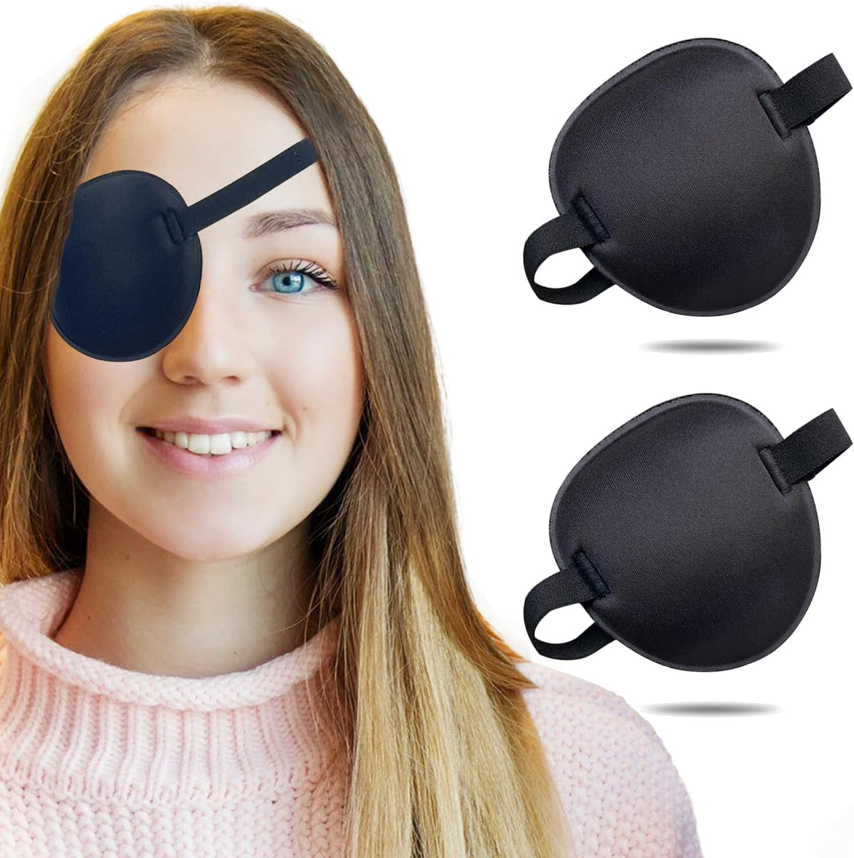 THSIREE adjustable medical eye patch front view showcasing the contoured 3D groove design in black fabric.