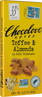 Premium Belgian milk chocolate bar with almonds and sweet toffee