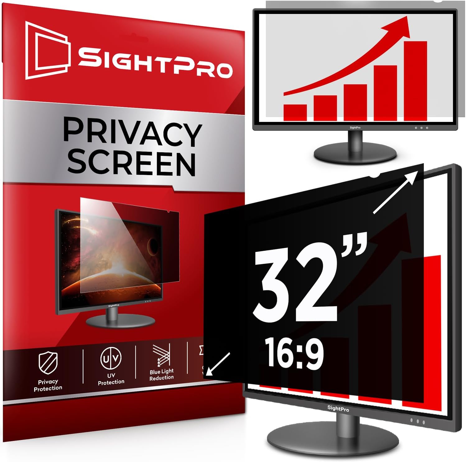 SightPro 32 Inch 16:9 Computer Privacy Screen Filter front view on a widescreen desktop monitor.
