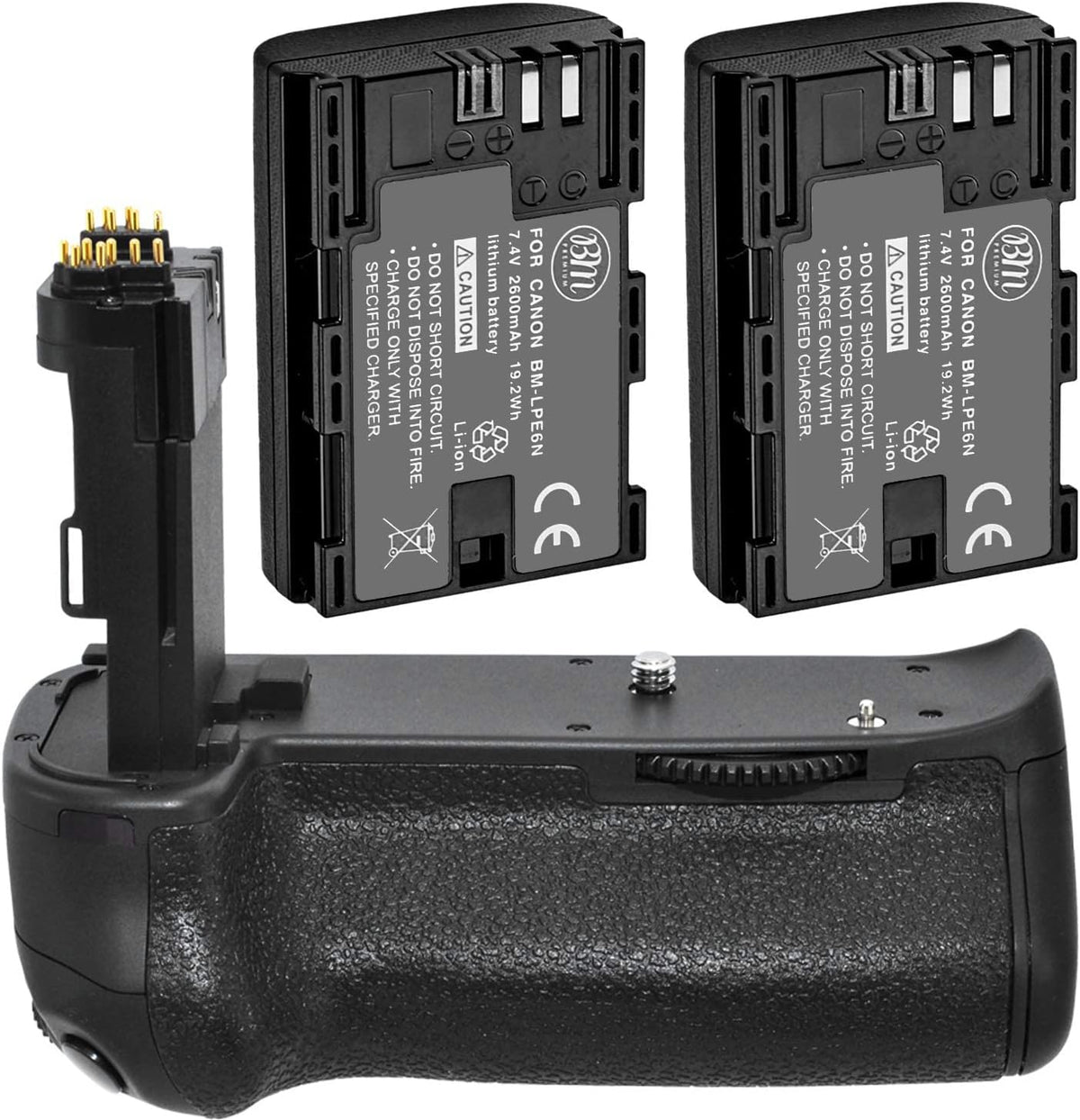 Big Mike's vertical battery grip kit for Canon cameras front view showing ergonomic rubberized surface and secondary shutter controls.