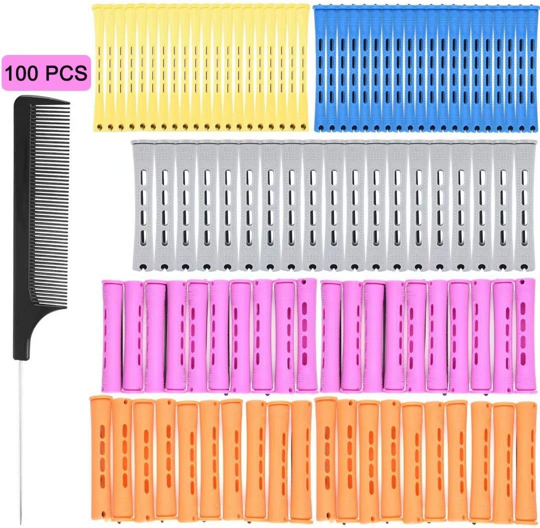 Close up view of the five color-coded sizes of cold wave hair rollers