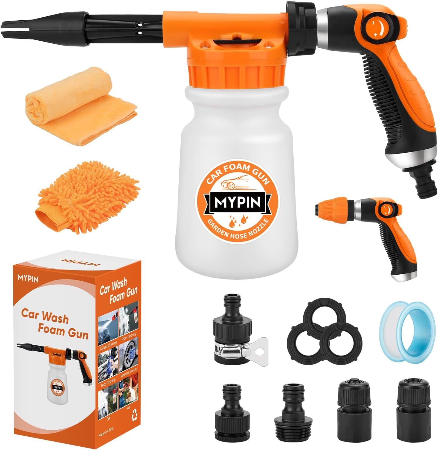 MYPIN 16 in 1 car wash foam gun front view showing the 1000 milliliter soap bottle and adjustment dial