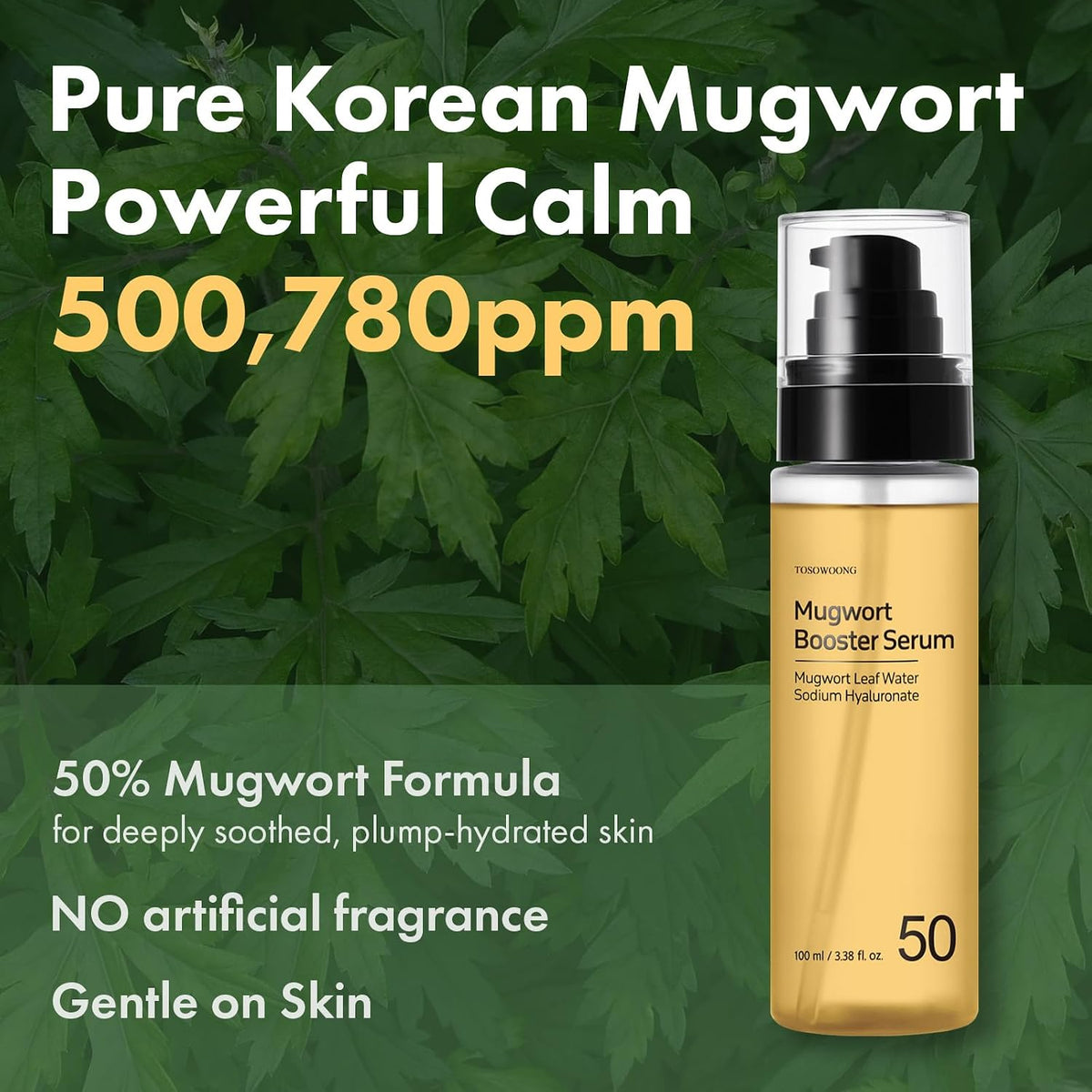 Close up of the label on the TOSOWOONG Mugwort Booster Serum highlighting the fifty percent artemisia content.