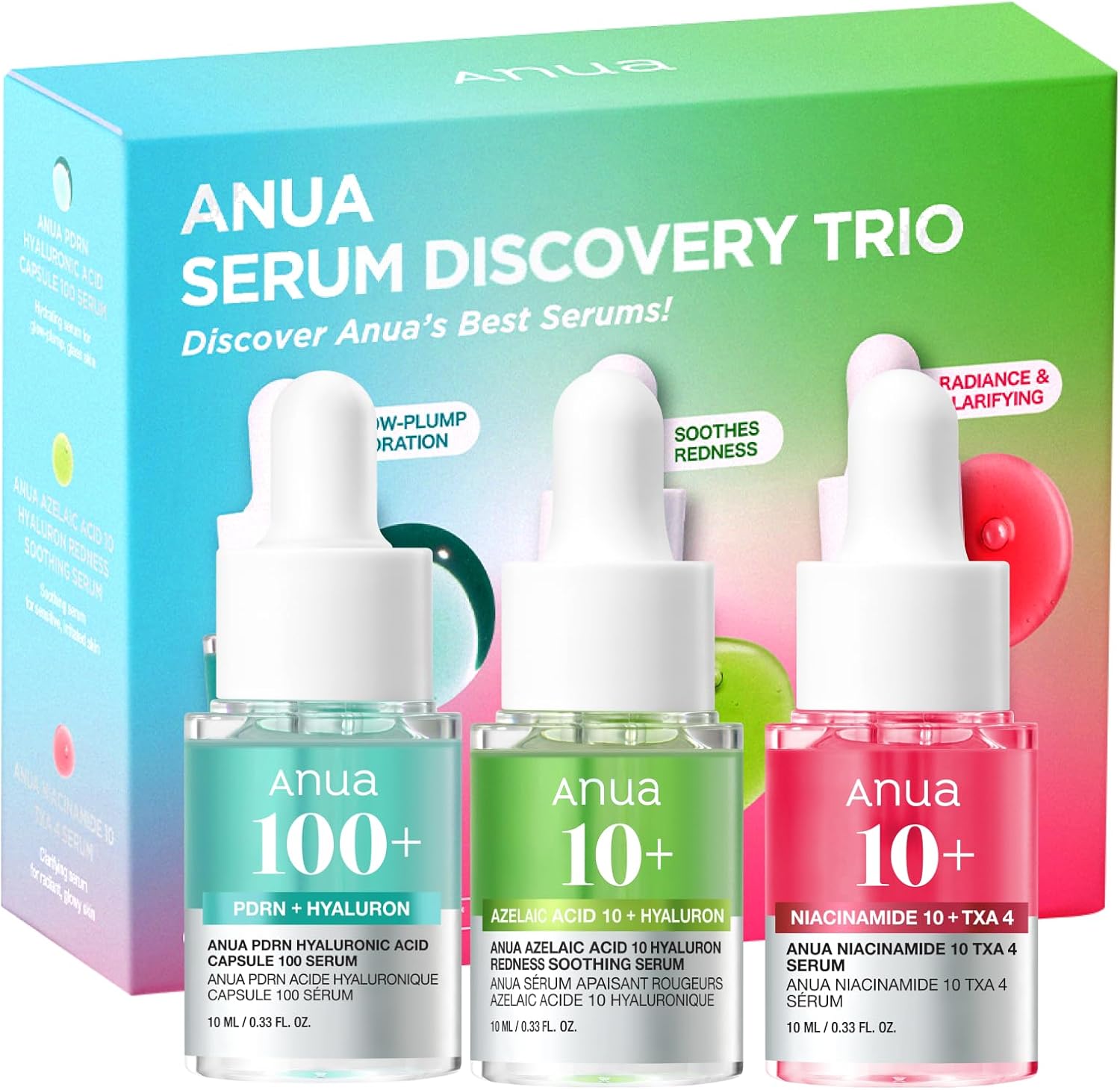 Anua Serum Discovery Trio travel kit front view showing three mini bottles