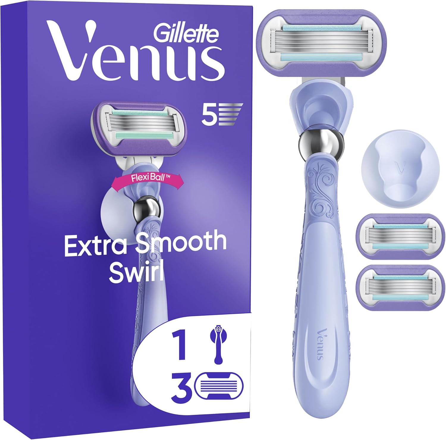 Gillette Venus Deluxe Smooth Swirl Women's Razor + 3 Razor Blade Refills, with Flexiball Technology, Lubrastrip with A Touch of Vitamin E - Image 1