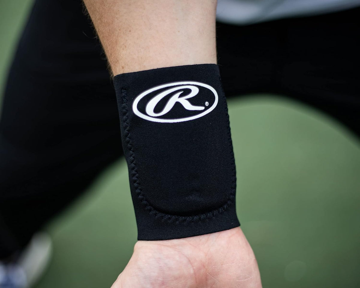 Rawlings black wrist guard showing neoprene sleeve material