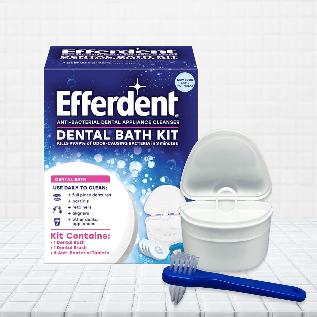 Efferdent travel-friendly dental care kit accessories layout