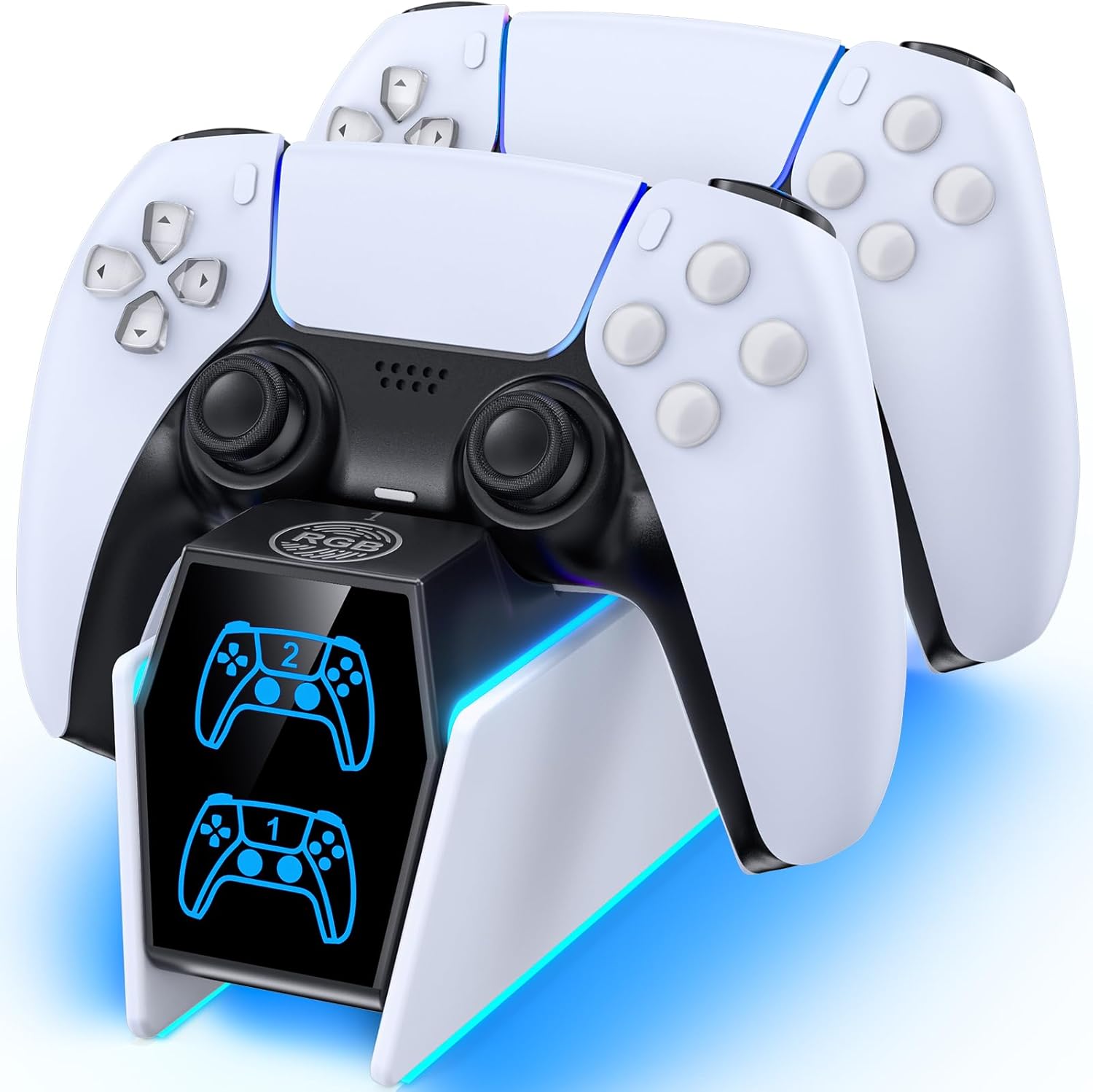 Tokluck PS5 controller charging station front view with dual controllers docked.