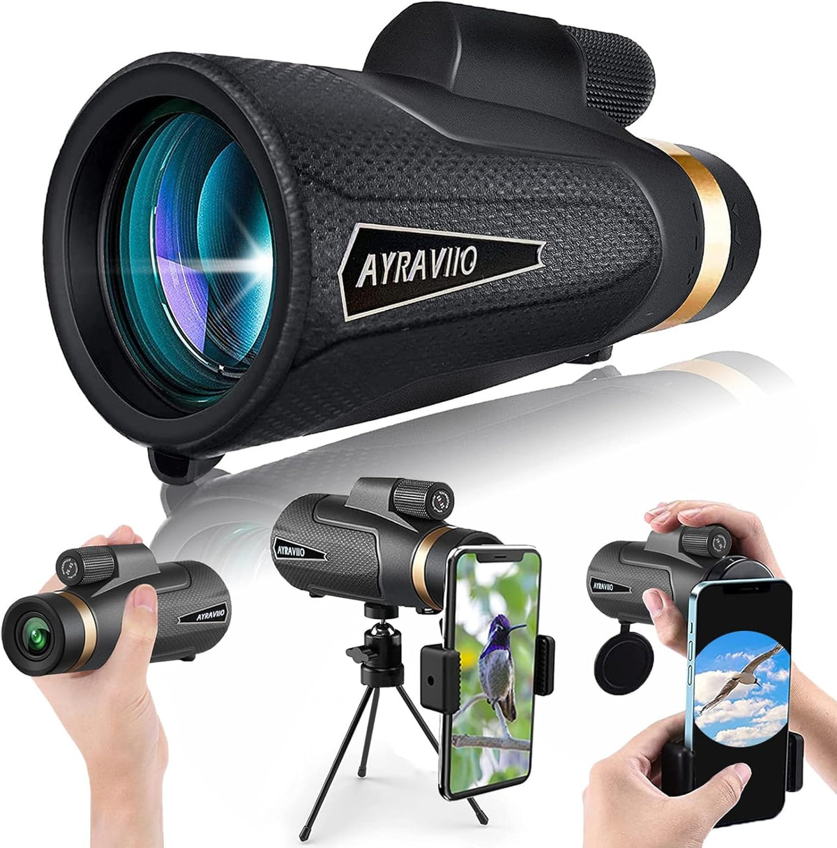 Ayraviio 12x60 monocular telescope front view with lens cover