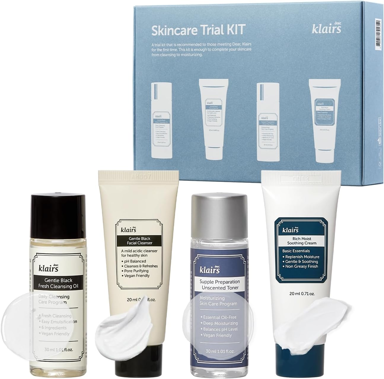 Klairs Skincare Travel Trial Kit front view showing 4 mini bottles