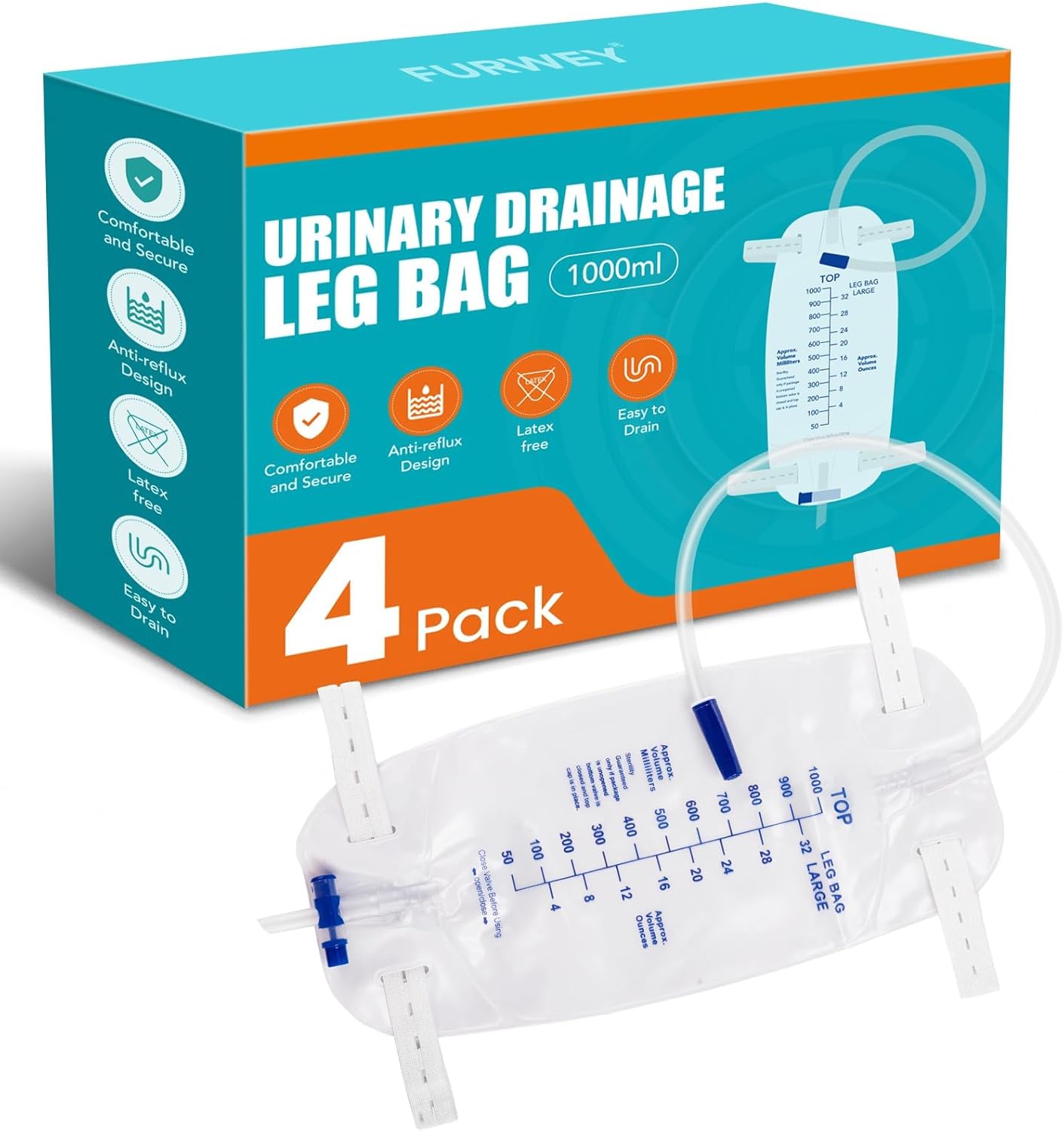 FURWEY 4 Pack 1000ml Catheter Bags with 18” Drainage Tube,Anti Reflux Valve,Large Capacity Urine Leg Catheter with Two Latex-Free Straps, Easy Flip Drain, Urinary Catheter for Men, Women - Image 1