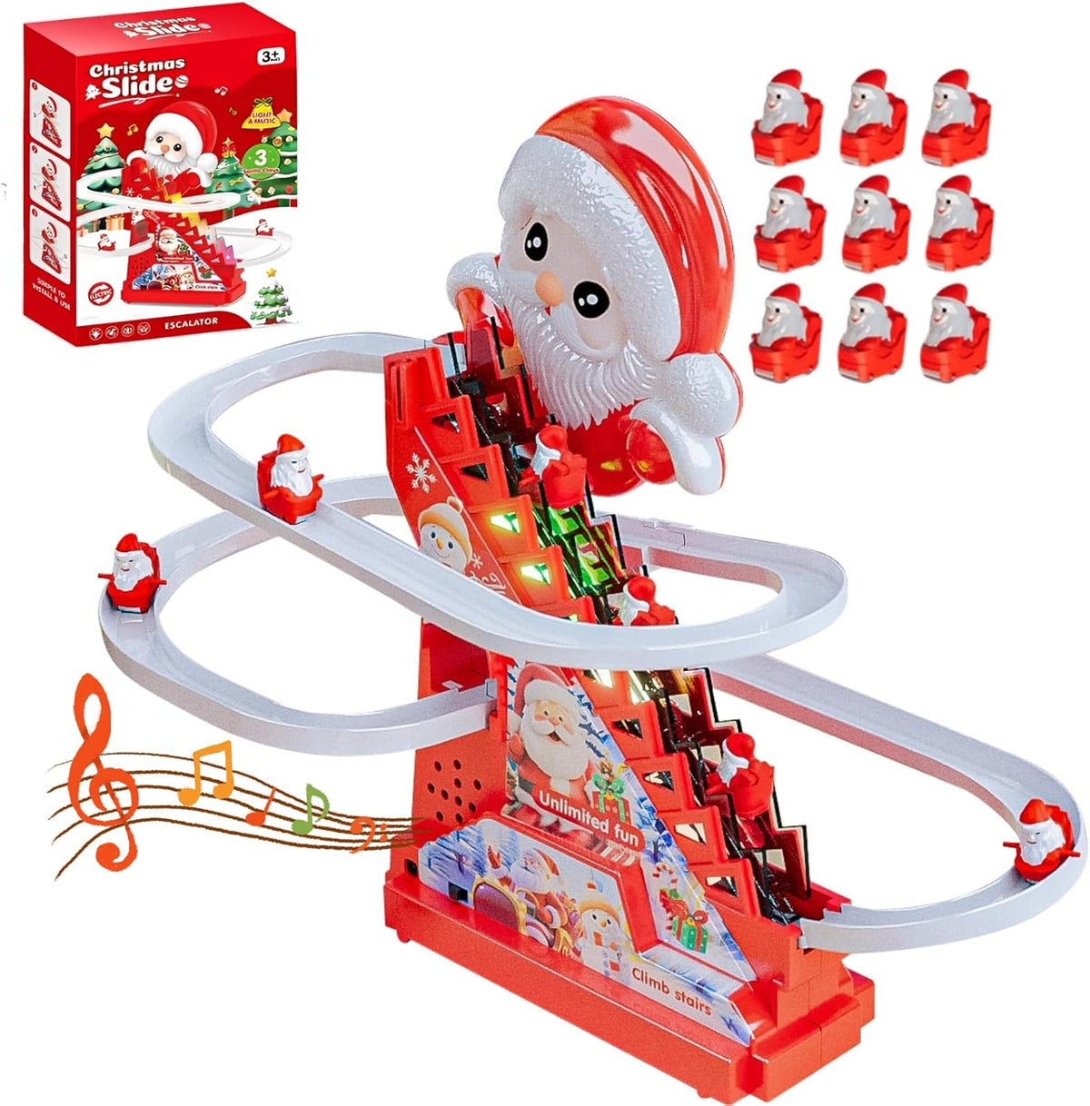 IFASHIHOME Electric Santa Climbing Stair Slide Toy front view showing the assembled track and red escalator base.