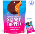 Authentic USA imported SkinnyDipped chocolate snack bags arranged in a four pack.