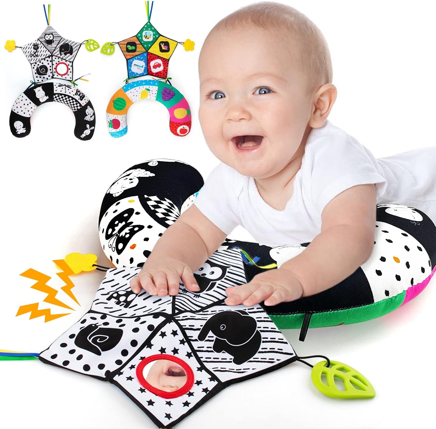 Teytoy tummy time pillow and crinkle mat front view showing black and white high contrast patterns for newborn sensory development.