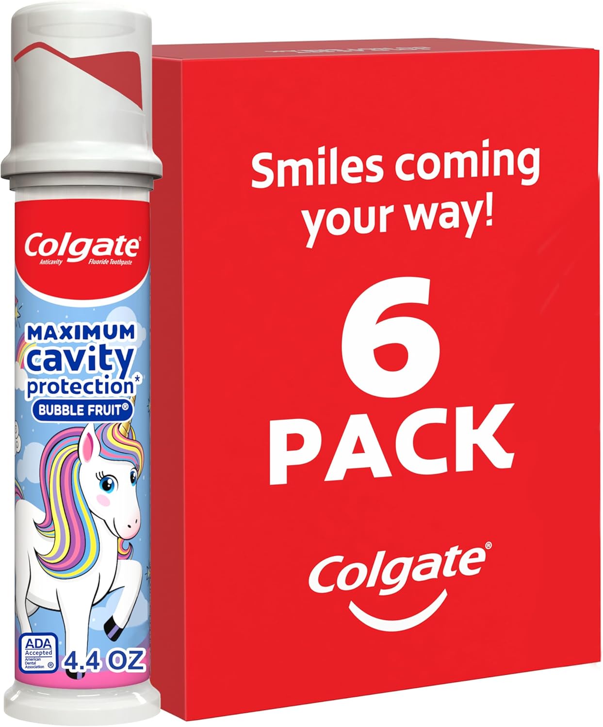 Colgate Kids Unicorn Toothpaste Pump with Fluoride for Cavity Protection, Ages 6+, ADA Accepted, Bubble Fruit, 4.4 Ounce, 6 Pack - Image 1