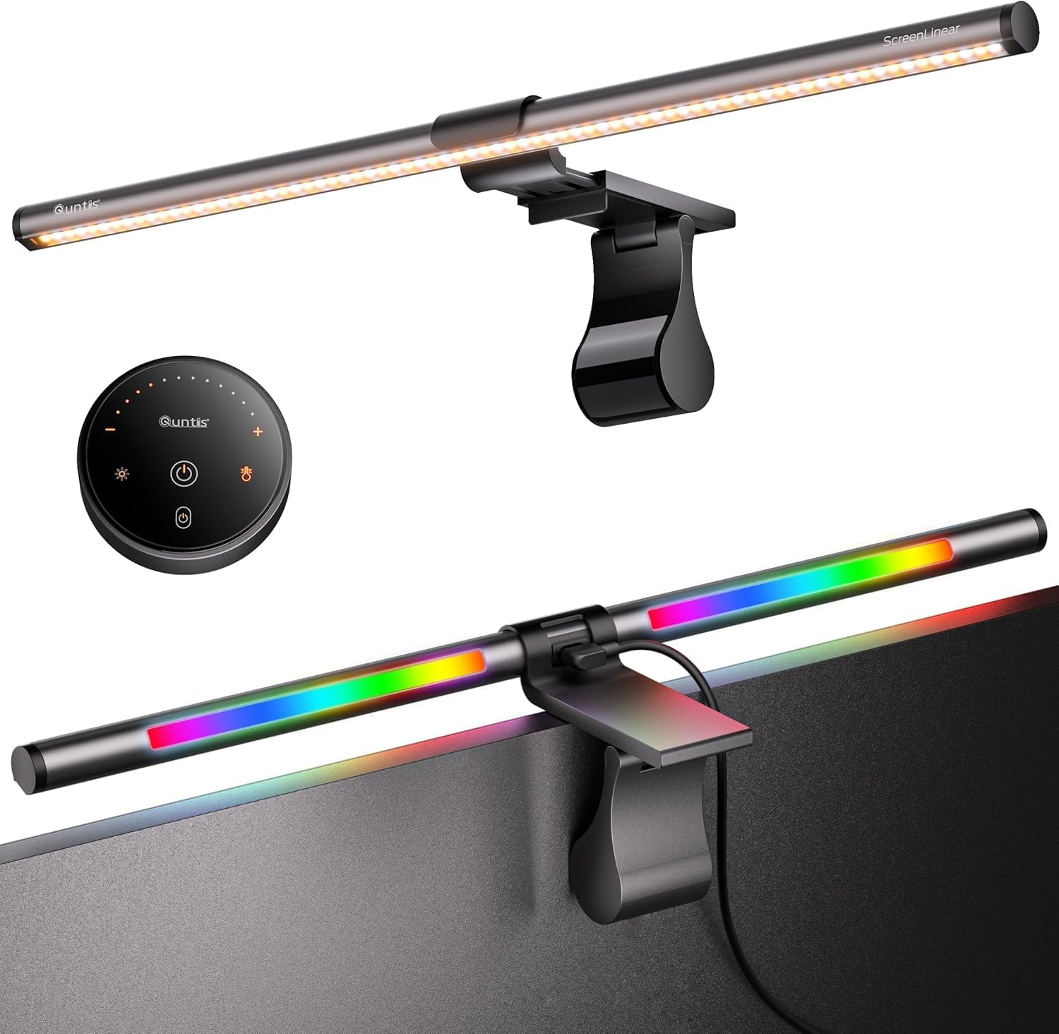 Quntis RGB Pro+ Monitor Light Bar front view showing asymmetrical desk illumination and sleek light grey design