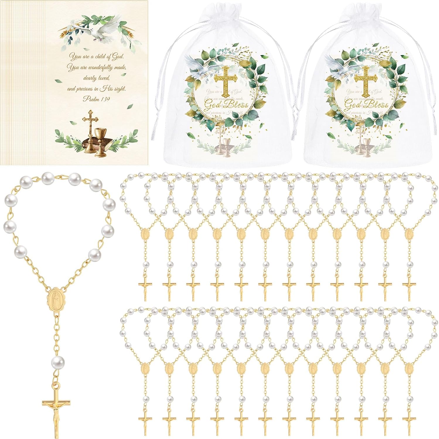 Blulu 24 pack baptism favors set showing premium mini rosary beads with cross psalm cards and organza bags.
