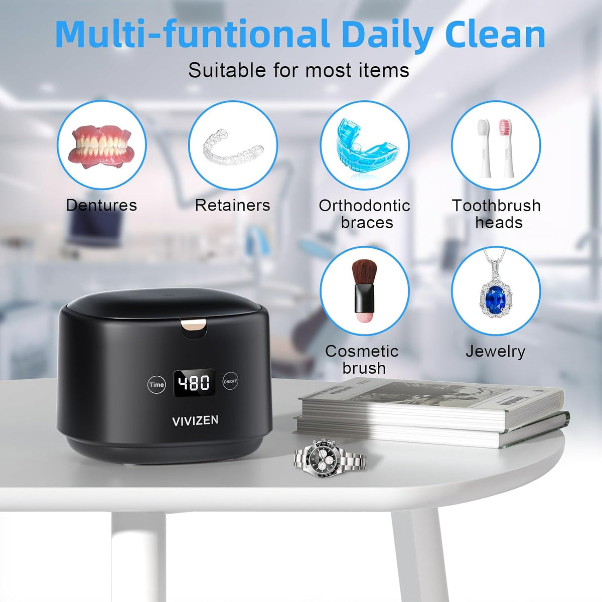 Portable ultrasonic cleaner cleaning dental aligners inside water pod