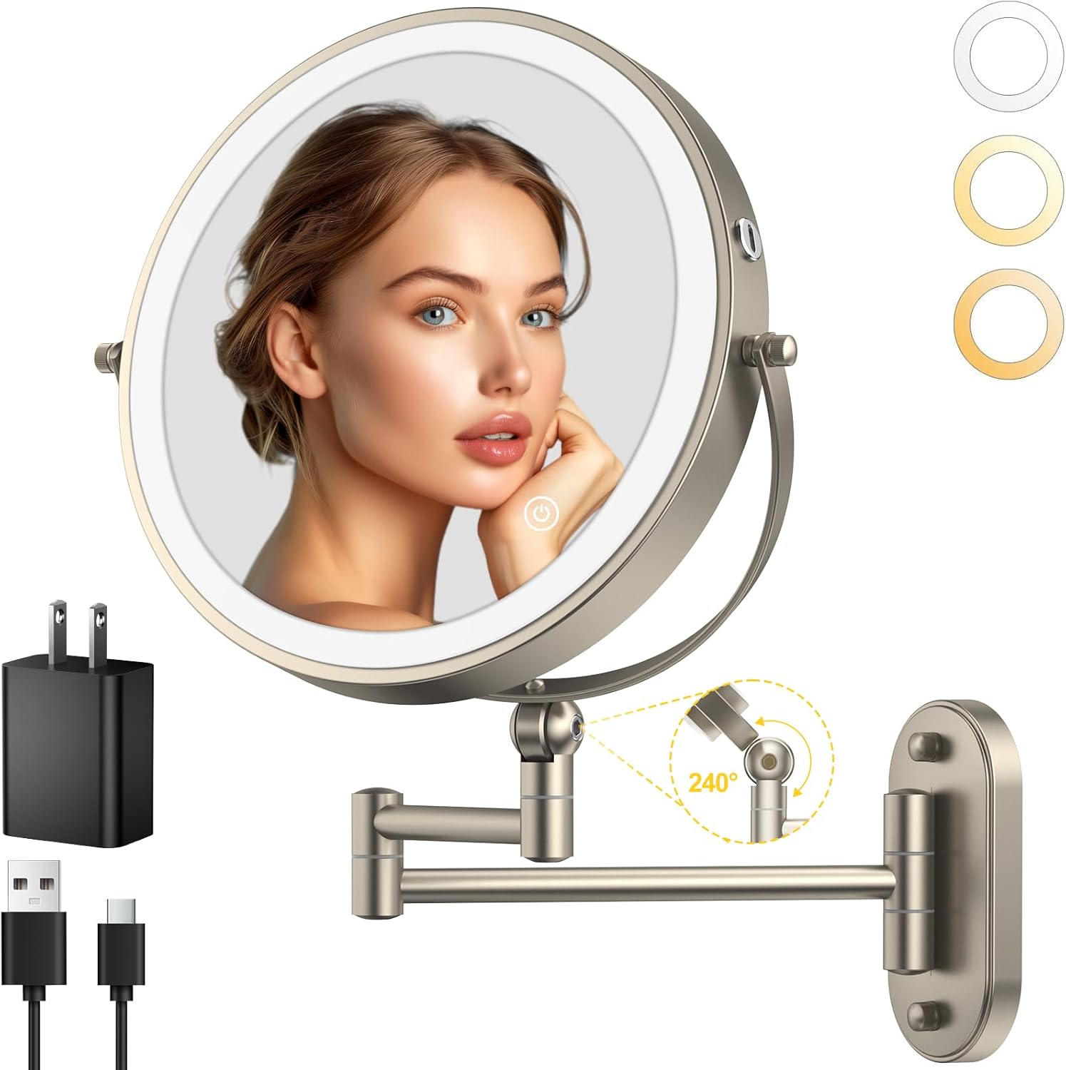 9" Wall Mounted Lighted Makeup Mirror,4000mAh Rechargeable Double Sided 1X/10X Magnifying Mirror with Light,3 Color Lights,Touch Dimmable,Extended Arm 360 Rotation Wall Mounted Makeup Mirror - Image 1